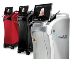 Row of three dental 3D printers in red, black, and white colors, featuring integrated touchscreens for printing dental appliances.