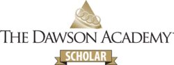 The Dawson Academy Scholar badge featuring a gold pyramid emblem with a dental mold icon at the top and 